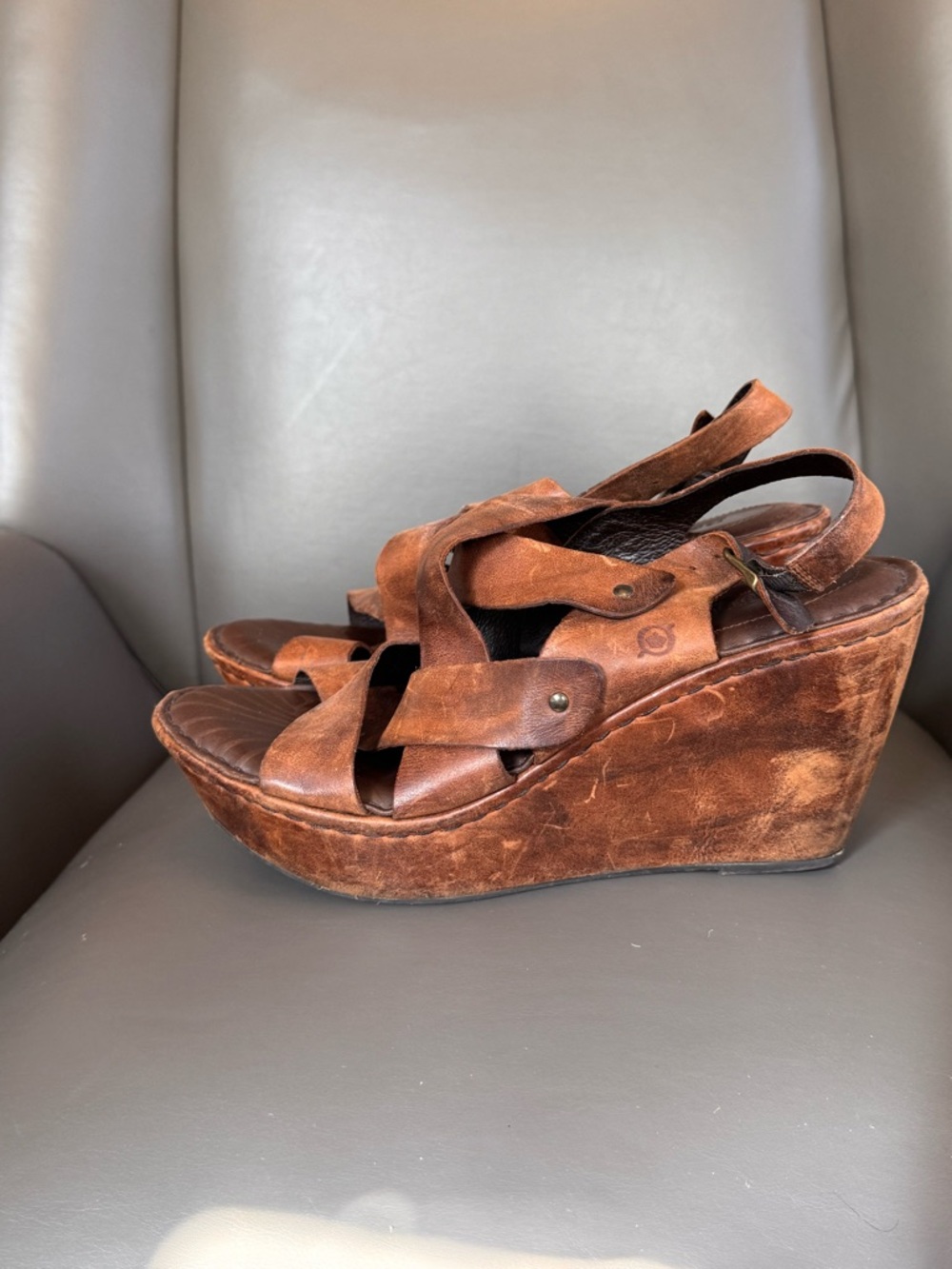 Brown Distressed Leather Wedge Sandals - Women size 10